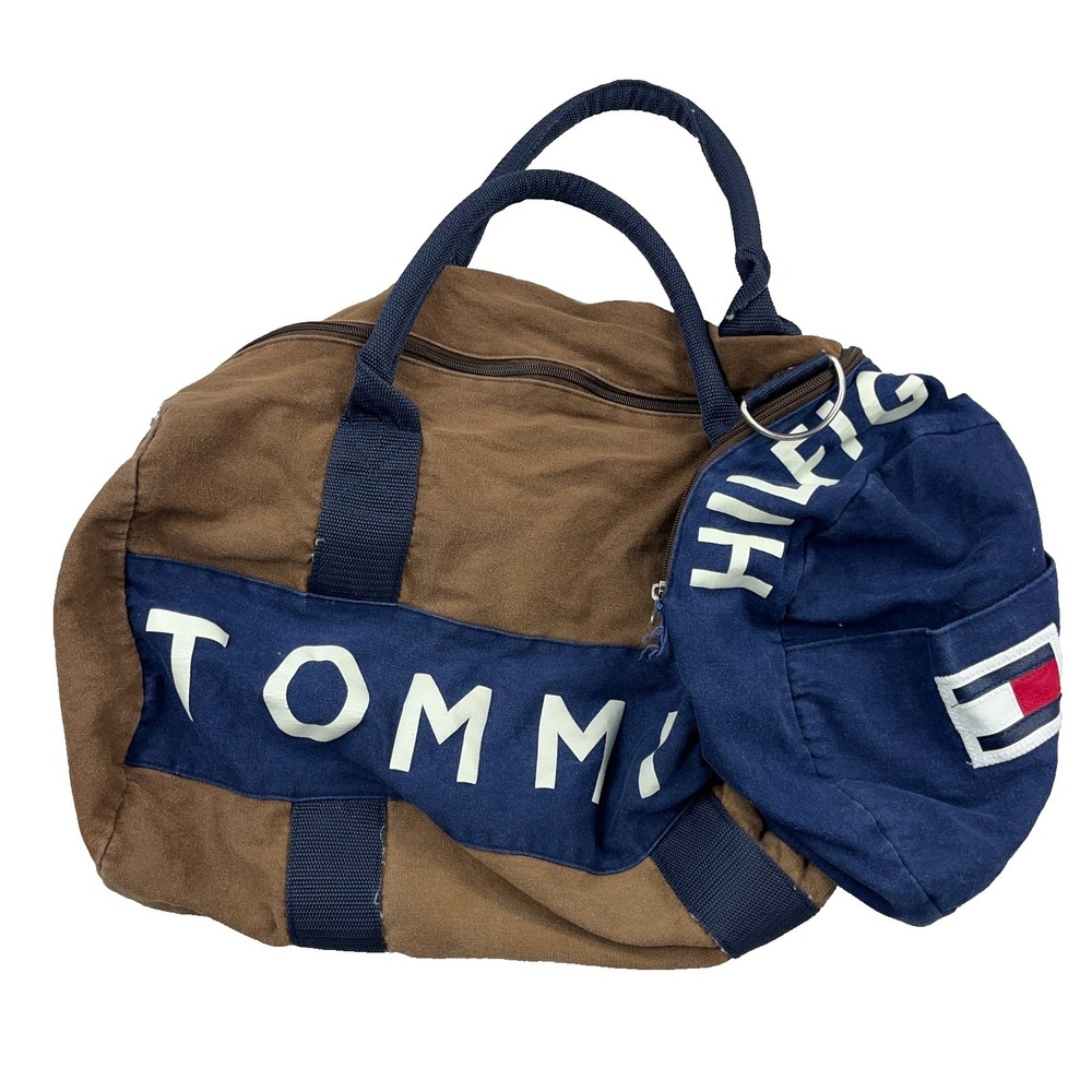Tommy Hilfiger Duffle Bag Brown Blue Canvas Logo Spellout Retro Y2K Hand Bag
